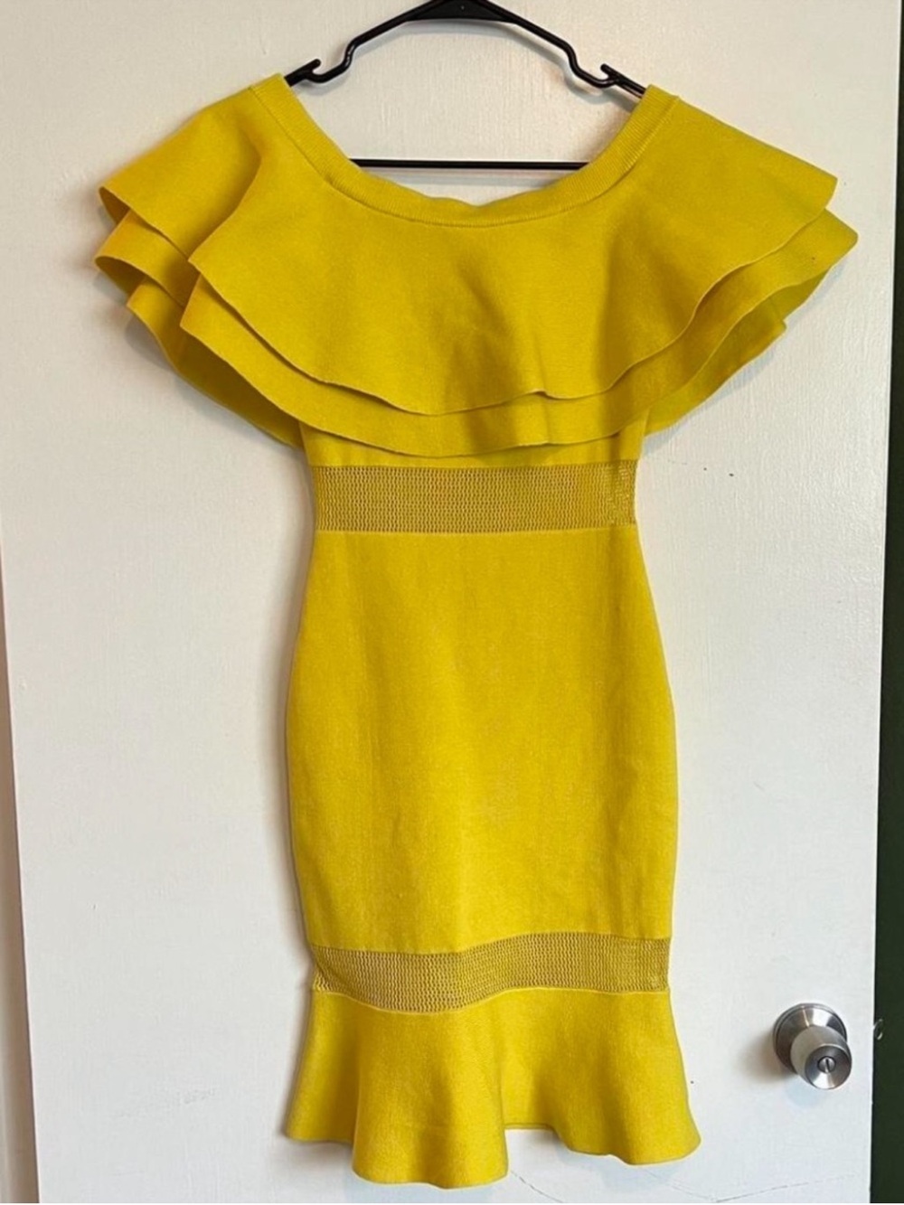 REVOLVE endless rose yellow flared ruffle off the shoulder stretchy knit dress